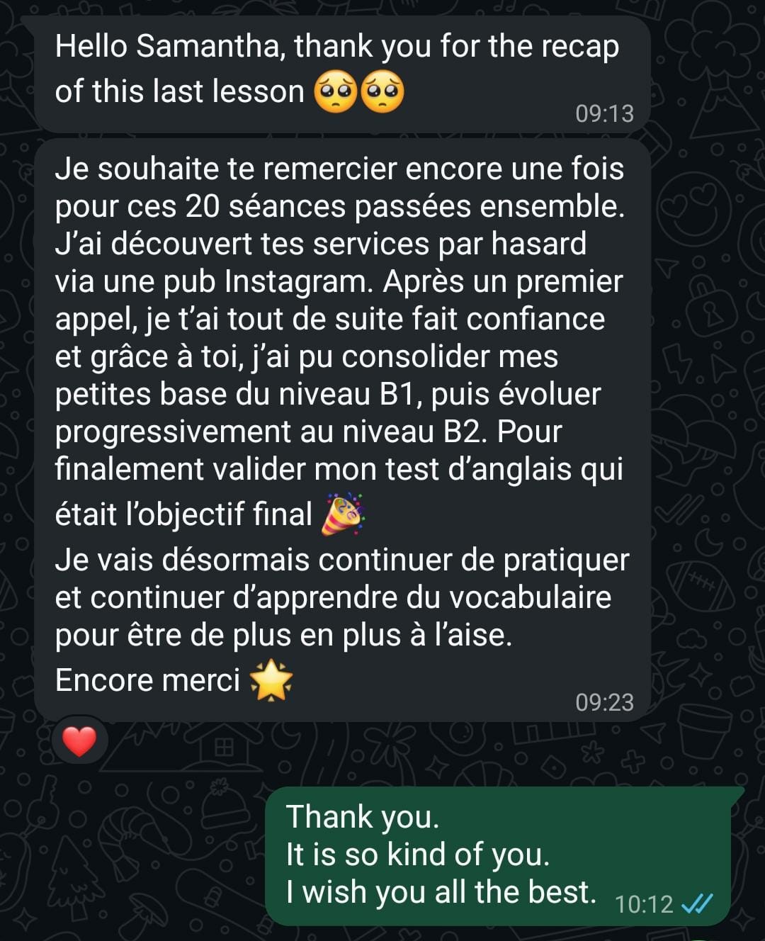 Capture du témoignage d’Erin après 20 séances, avril 2026
